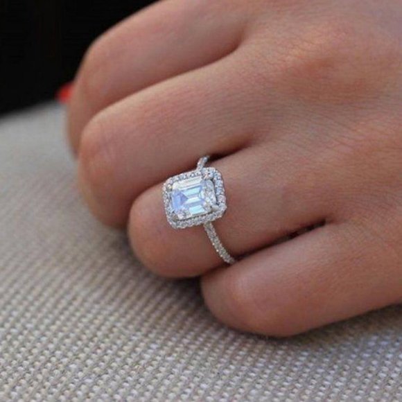 NEW 925 Sterling Silver Radiant Diamond Halo Ring - Picture 4 of 5